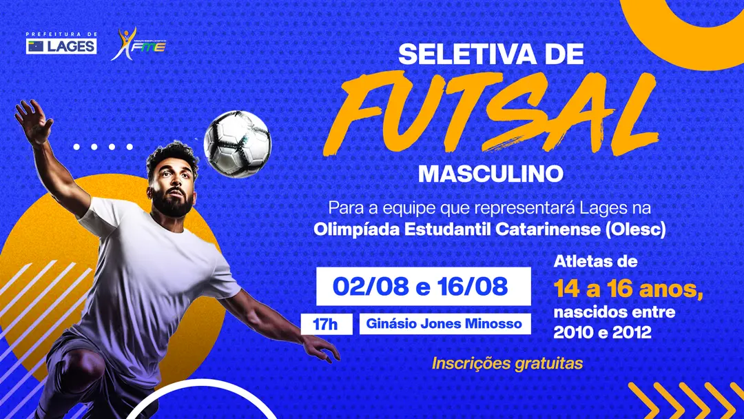 Atletas nascidos entre 2010 e 2012 podem se inscrever gratuitamente para as avaliações que ocorrem nos dias 2 e 16 de agosto; equipe selecionada disputará a Olimpíada Estudantil Catarinense, que neste ano será sediada em Lages